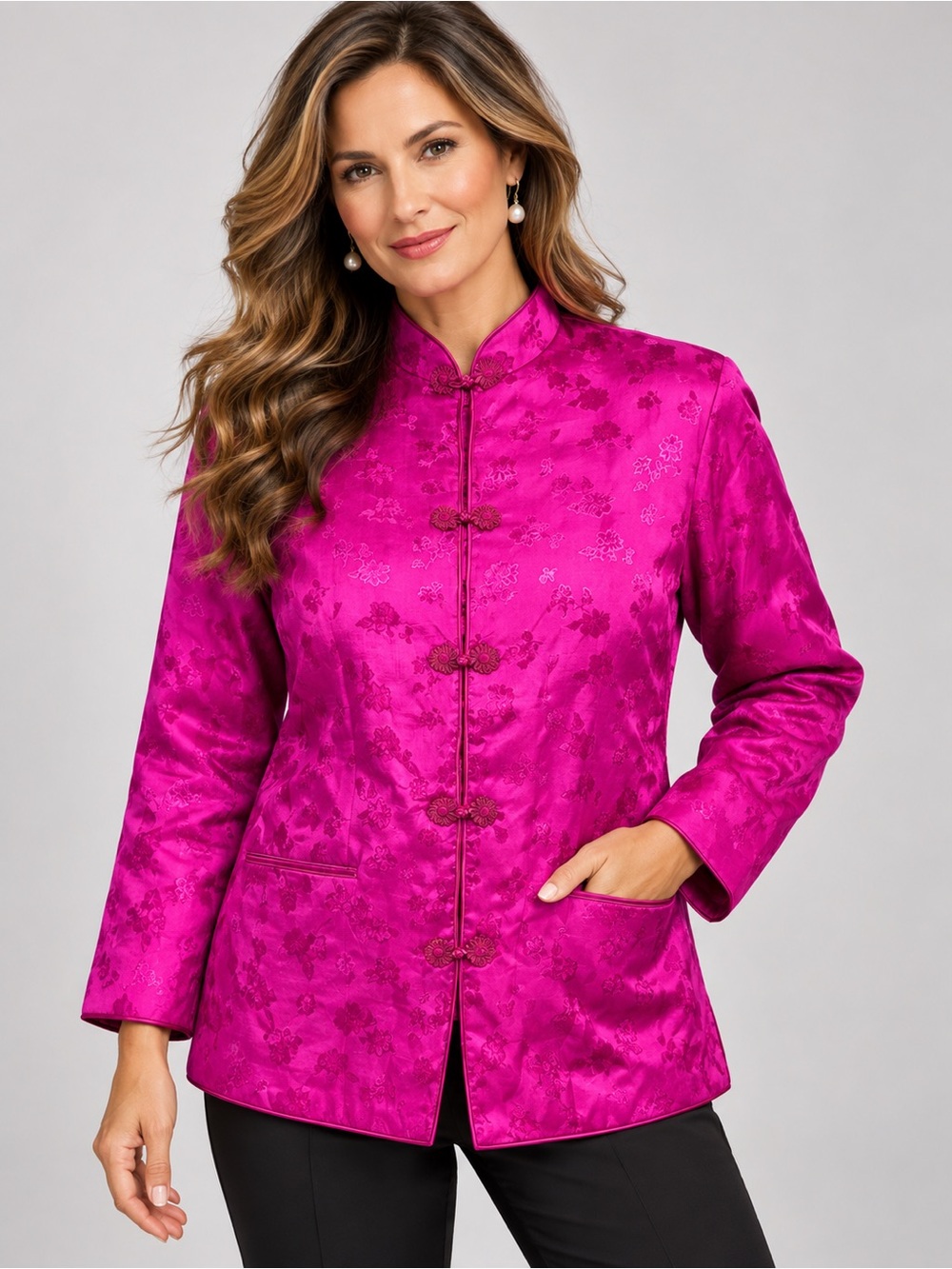 Plum Blossoms Pink Silk Brocade Jacket Mandarin Collar Frog Closure Size Large